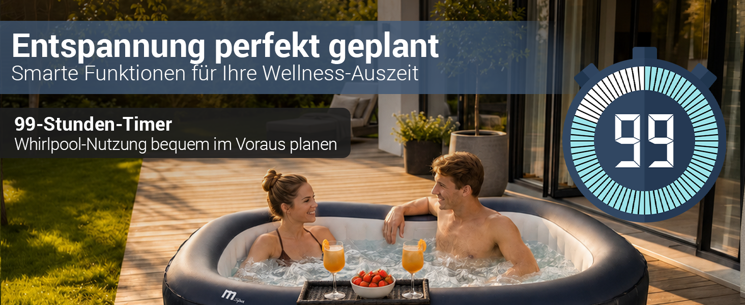 Aufblasbarer Whirlpool auf einer Terrasse mit zwei Personen im Wasser. Der integrierte 99-Stunden-Timer erm&ouml;glicht es, die Whirlpool-Nutzung bequem und flexibel im Voraus zu planen.